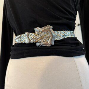 Vintage Metallic Woven Stretch Belt Gold Silver Braided Statement Buckle